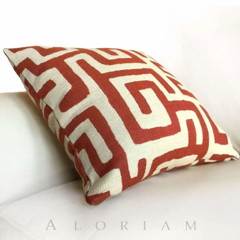 Robert Allen Maze Along Saffron Orange Ivory Ethnic Tribal Geometric Pillow Cover