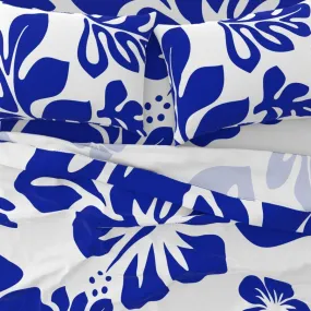 Royal Blue Hawaiian Flowers on White Sheet Set from Surfer Bedding™️ Large Scale