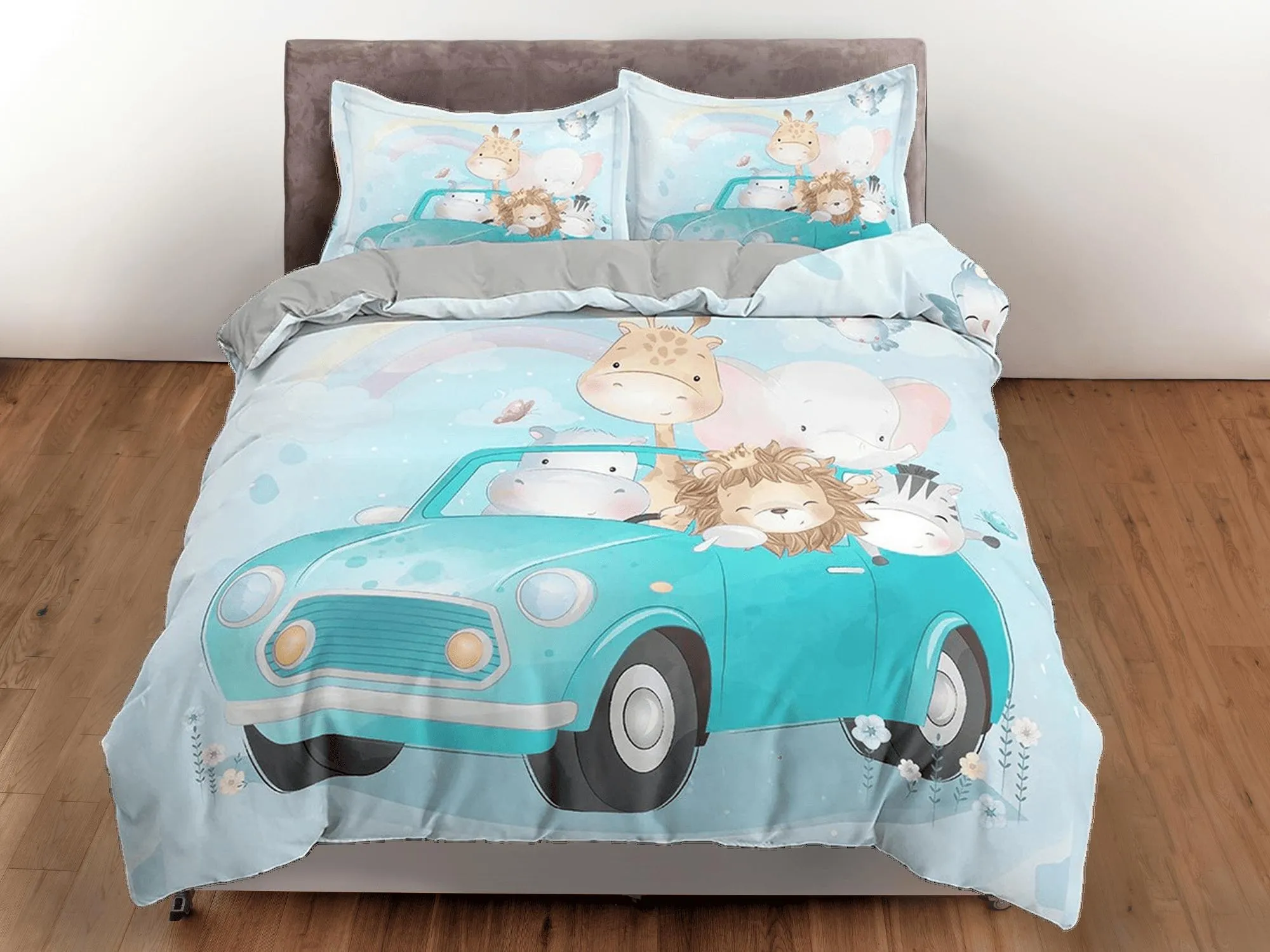 Safari Animals in Green Car Bedding, Duvet Cover & Pillowcase, Zipper Bedding, Dorm Bedding, Teens Adult Duvet King Queen Full Twin Single