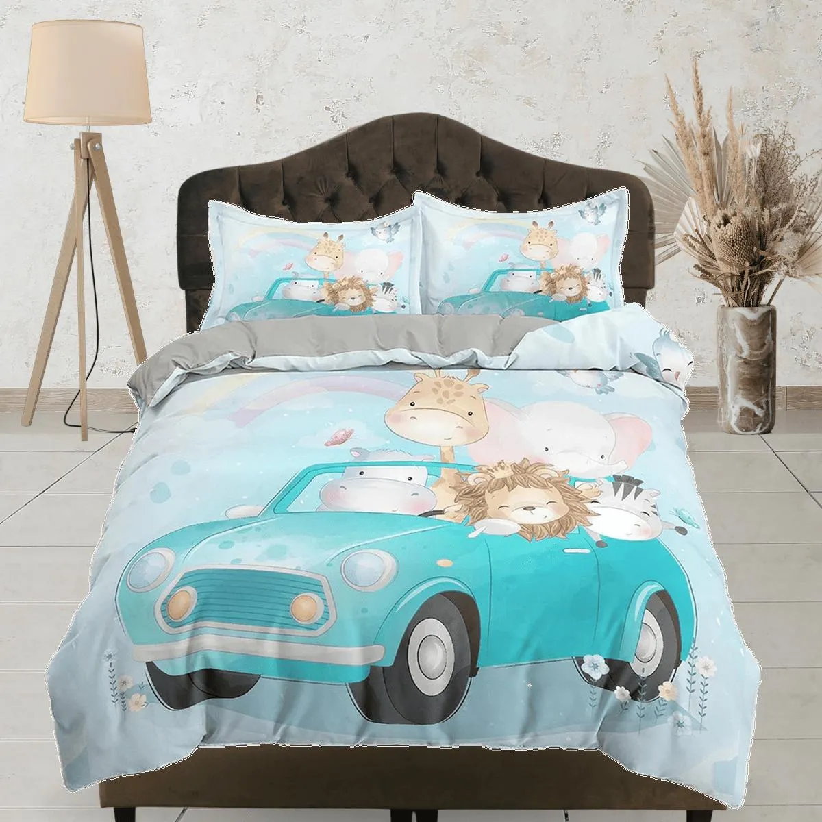 Safari Animals in Green Car Bedding, Duvet Cover & Pillowcase, Zipper Bedding, Dorm Bedding, Teens Adult Duvet King Queen Full Twin Single