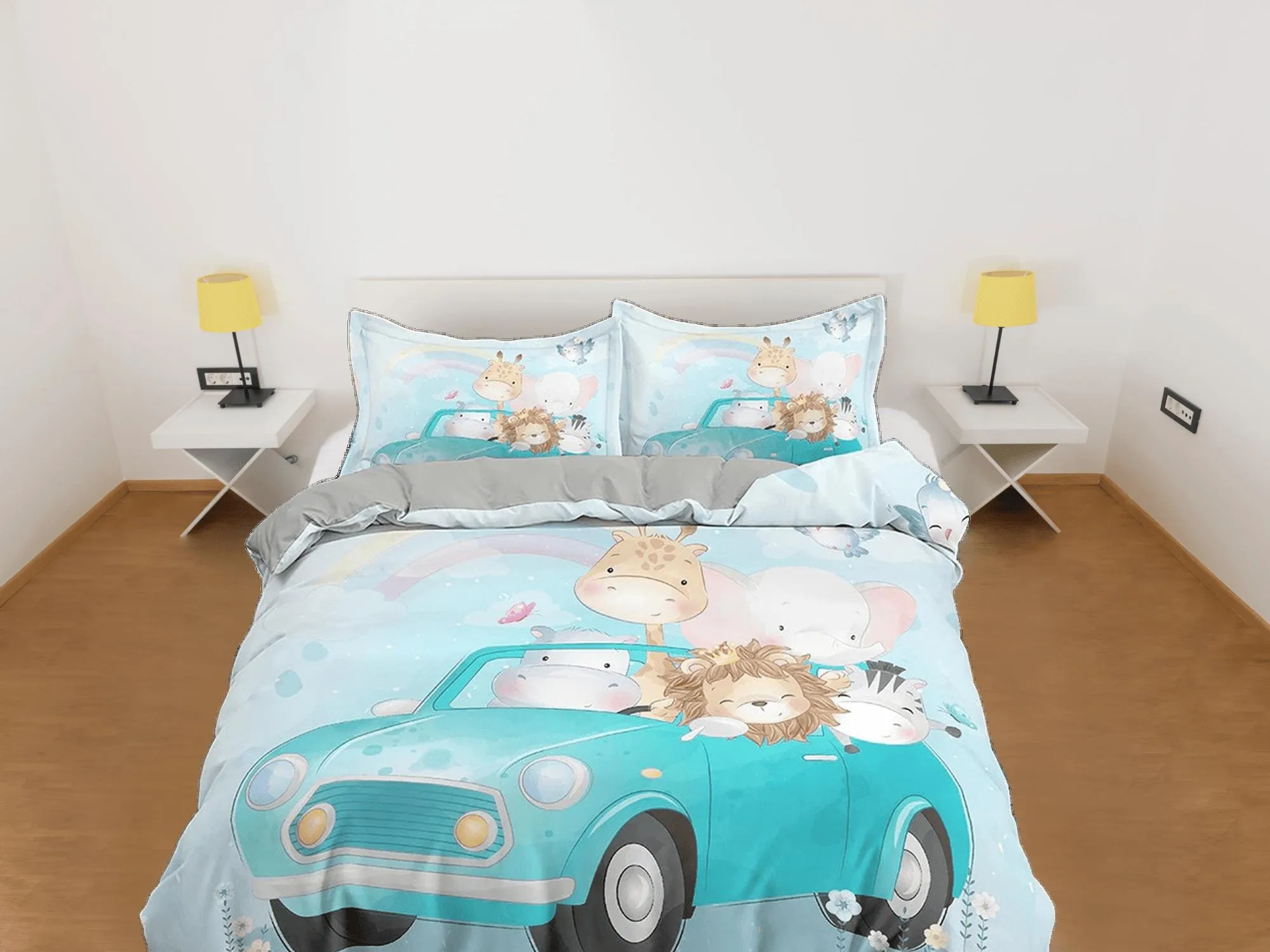 Safari Animals in Green Car Bedding, Duvet Cover & Pillowcase, Zipper Bedding, Dorm Bedding, Teens Adult Duvet King Queen Full Twin Single