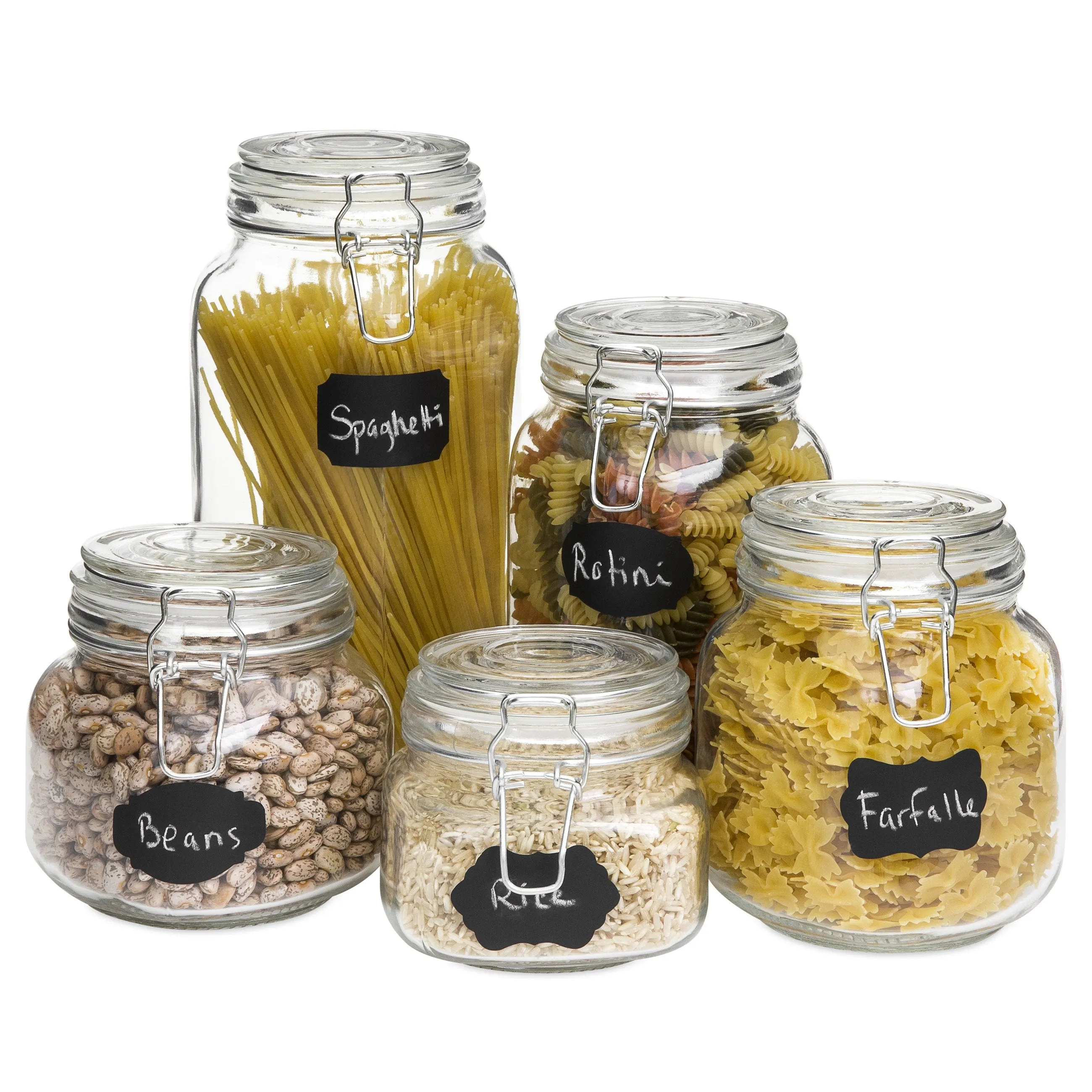 Set of 5 Glass Mason Jars w/ Clip-Top, 10 Stickers, Chalk - Clear