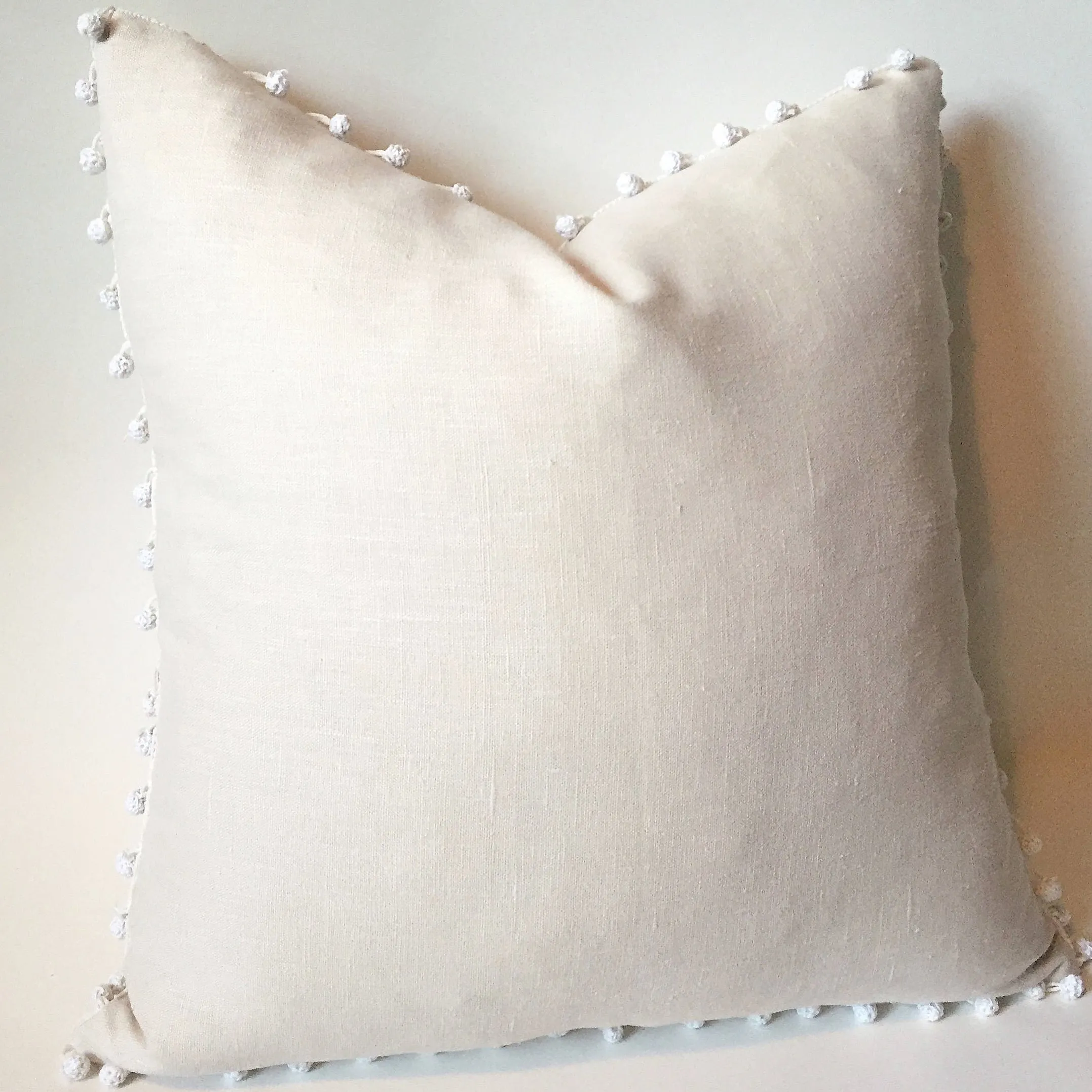 Simple Cream Linen Pillow Cover with Ivory Pom poms or Cream fringe