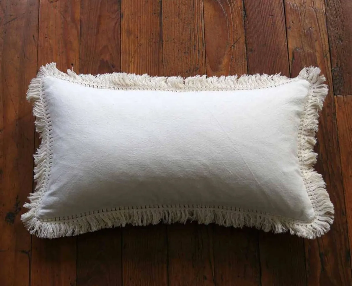 Simple Cream Linen Pillow Cover with Ivory Pom poms or Cream fringe