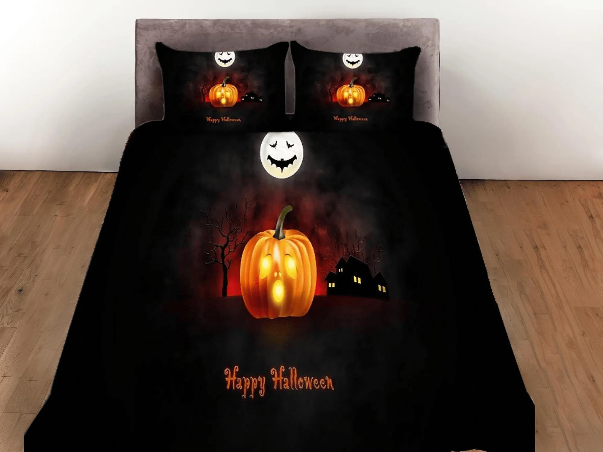 Skull and pumpkin halloween bedding & pillowcase, black duvet cover, dorm bedding, halloween decor, halloween gift, toddler bedding