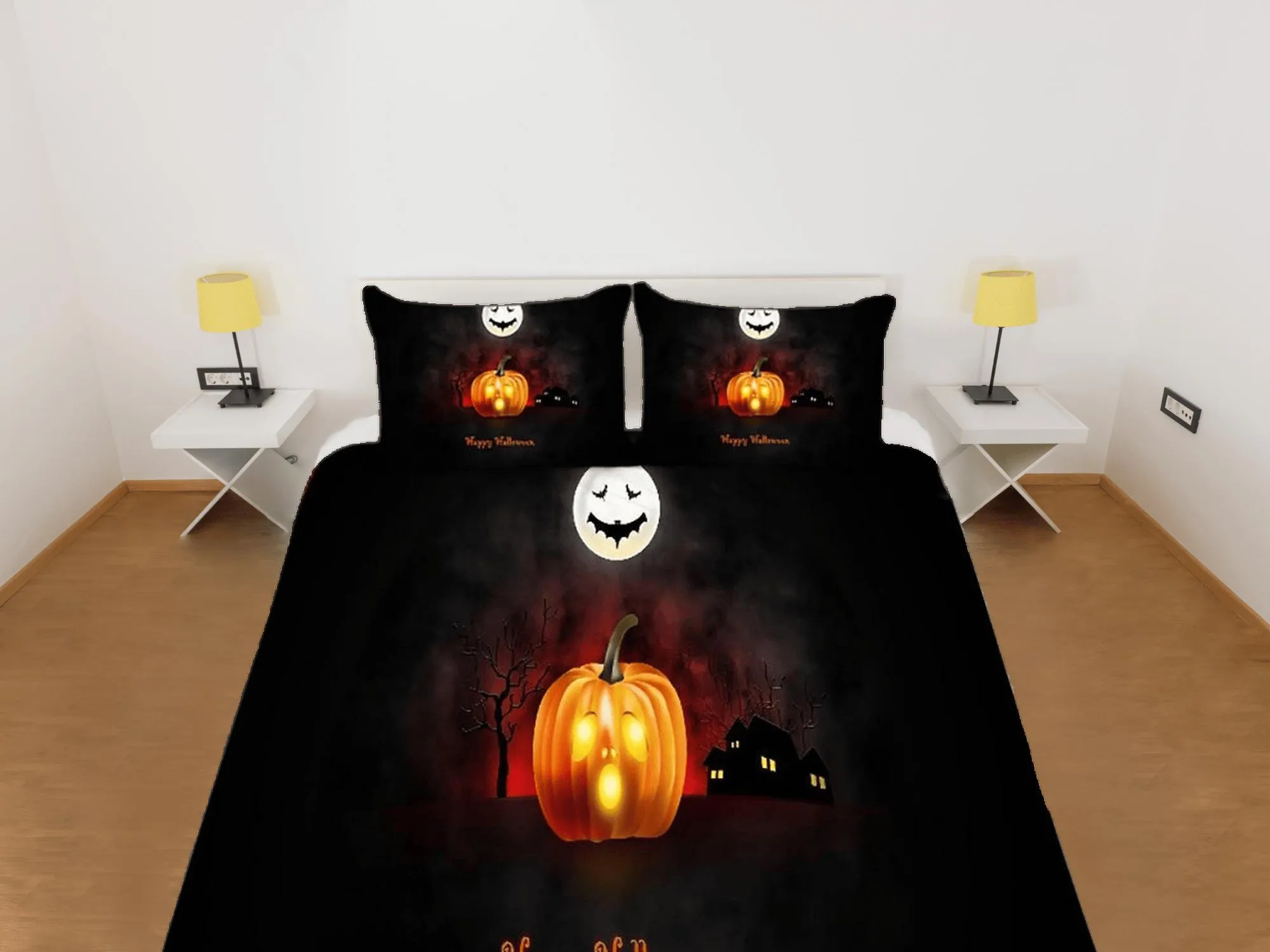 Skull and pumpkin halloween bedding & pillowcase, black duvet cover, dorm bedding, halloween decor, halloween gift, toddler bedding