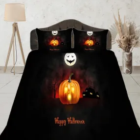 Skull and pumpkin halloween bedding & pillowcase, black duvet cover, dorm bedding, halloween decor, halloween gift, toddler bedding