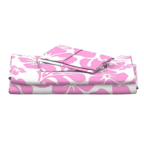 Soft Pink Hawaiian Flowers on White Sheet Set from Surfer Bedding™️ Medium Scale