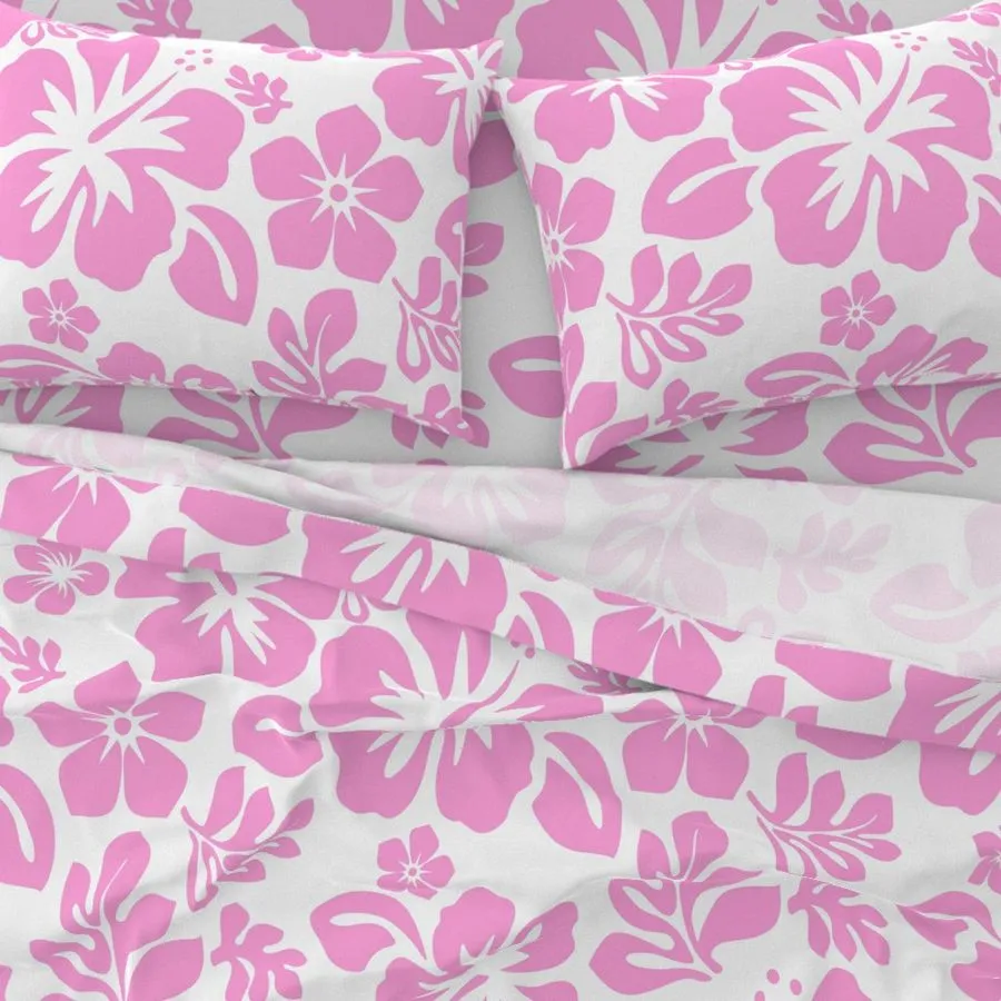 Soft Pink Hawaiian Flowers on White Sheet Set from Surfer Bedding™️ Medium Scale