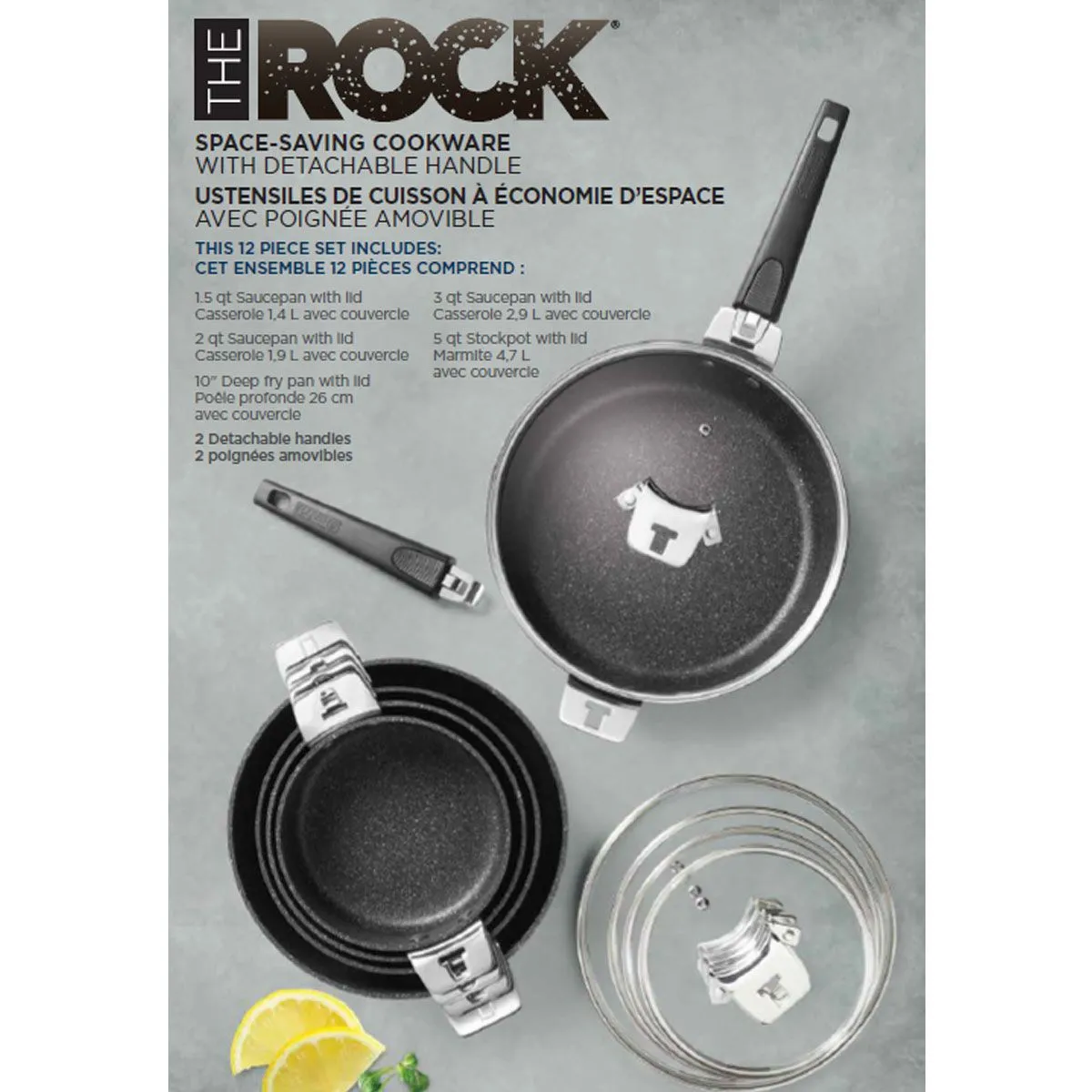 Starfrit® The Rock - Space-Saving 12-Piece Set with Detachable Handle