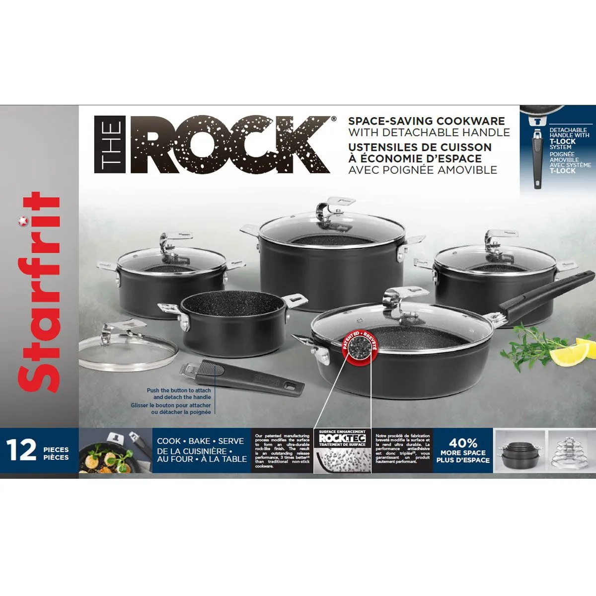 Starfrit® The Rock - Space-Saving 12-Piece Set with Detachable Handle