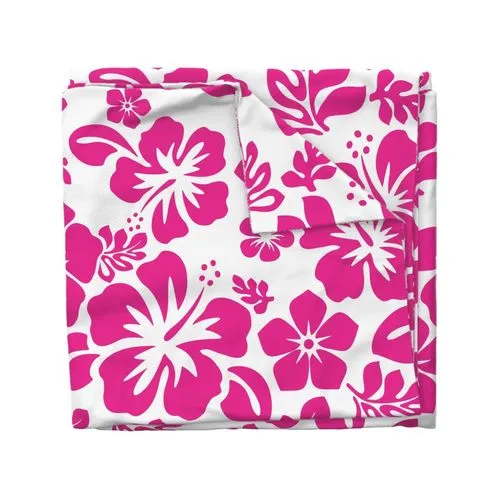 Surfer Girl Hot Pink Hibiscus and Hawaiian Flowers on White Duvet Cover -Medium Scale