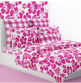 Surfer Girl Hot Pink Hibiscus and Hawaiian Flowers on White Duvet Cover -Medium Scale