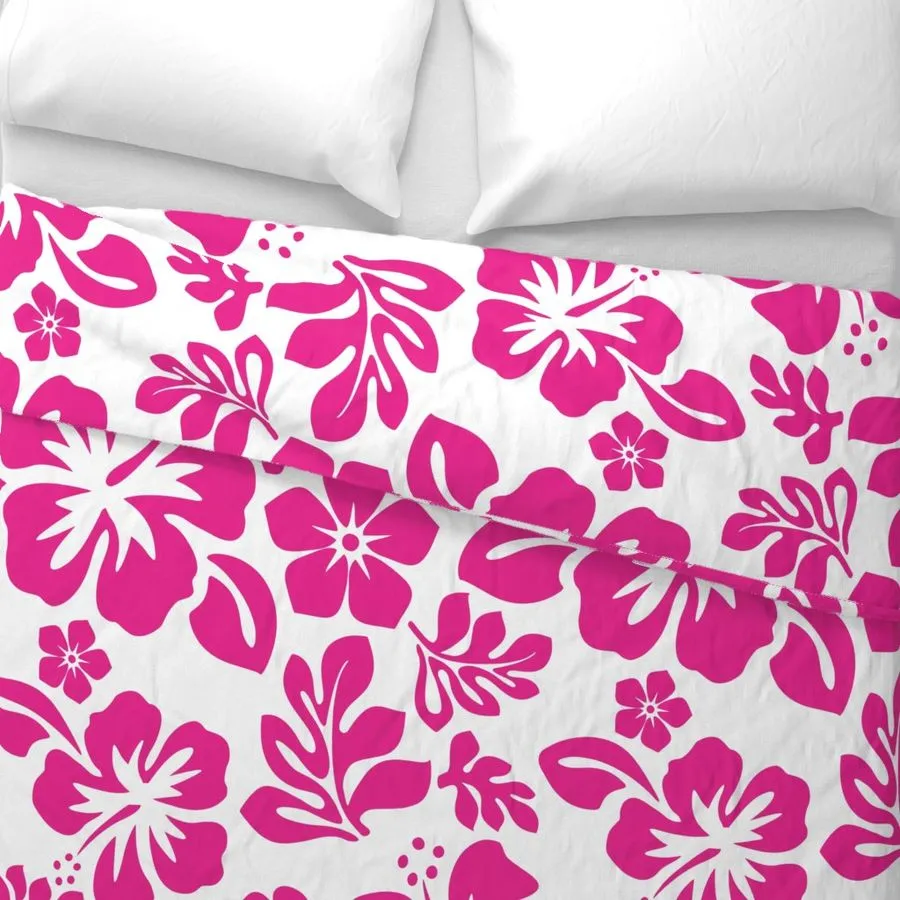 Surfer Girl Hot Pink Hibiscus and Hawaiian Flowers on White Duvet Cover -Medium Scale