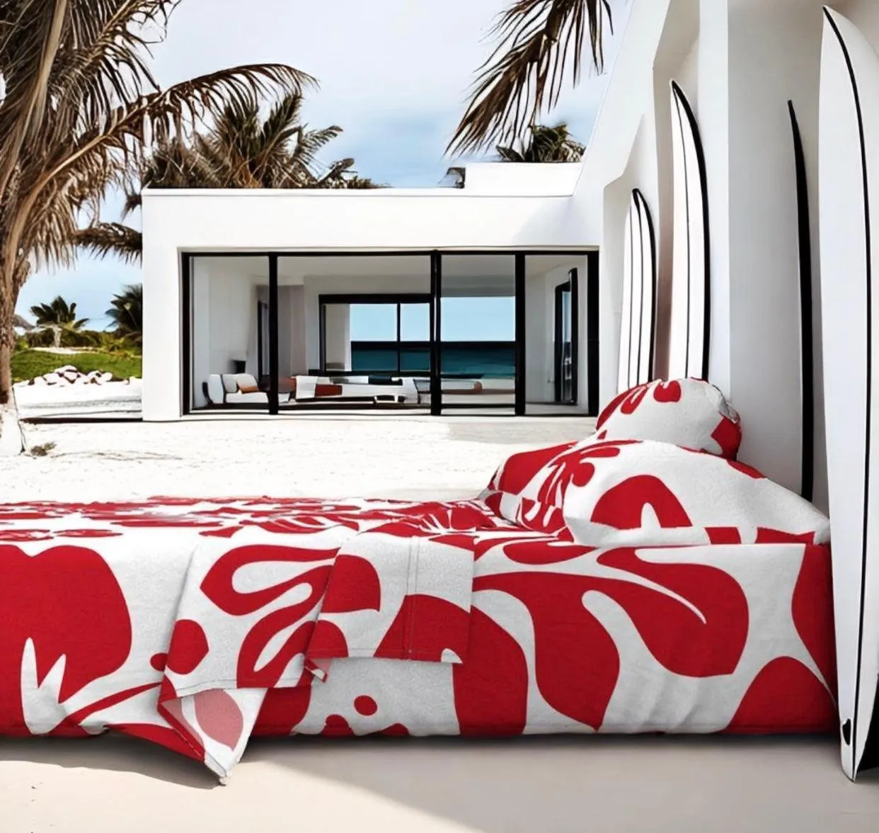 Surfer Red Hawaiian Flowers on White Sheet Set from Surfer Bedding™️ Large Scale