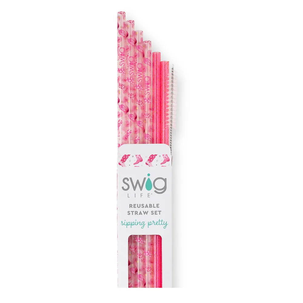 Swig | Let's Go Girls   Pink Glitter Reusable Straw Set