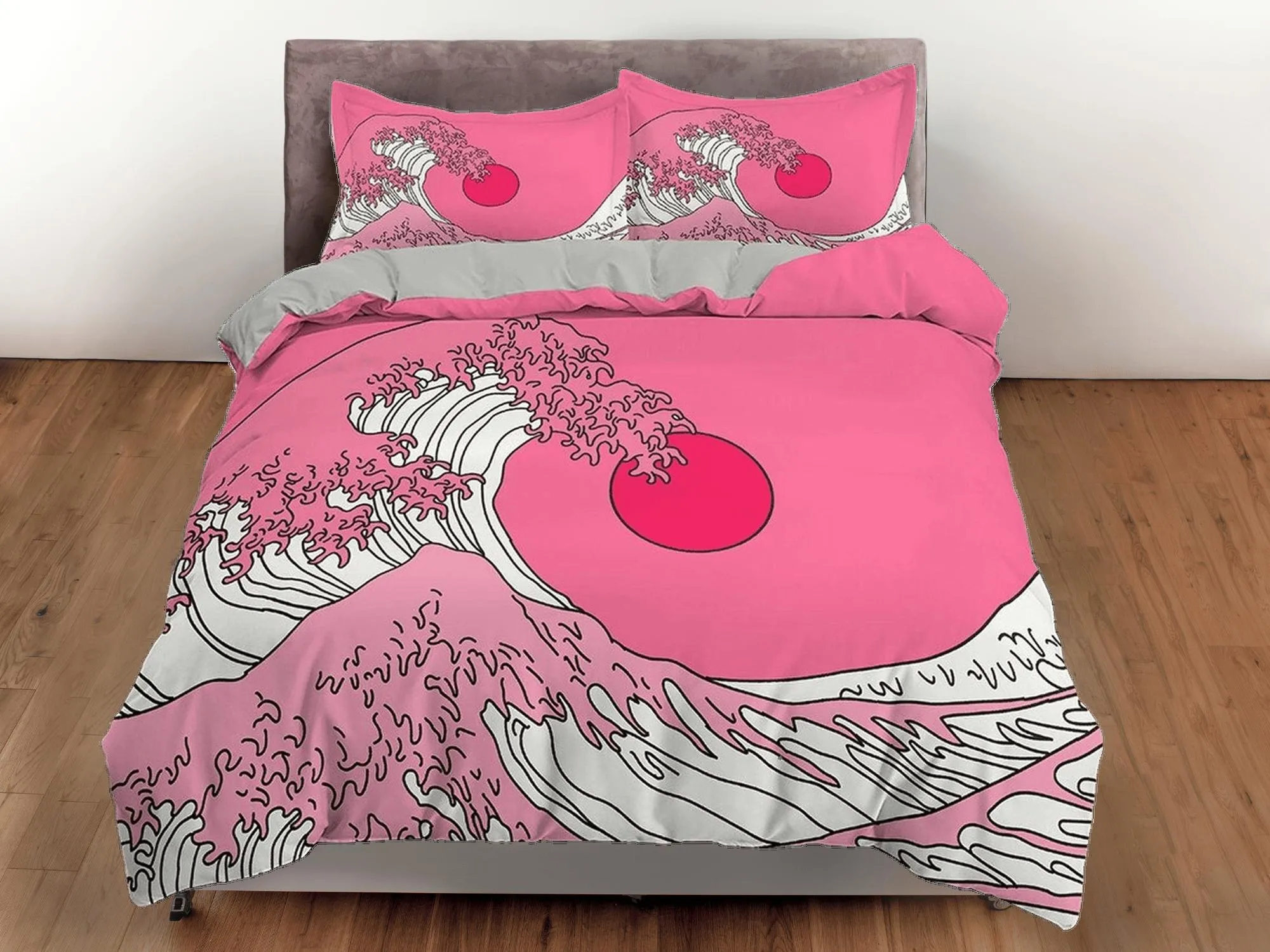 The Great Wave Bedding, Vaporwave Hippie Bedding, Japanese Duvet Cover Set, Aesthetic Pink Duvet Cover King Queen Full Twin Double Single