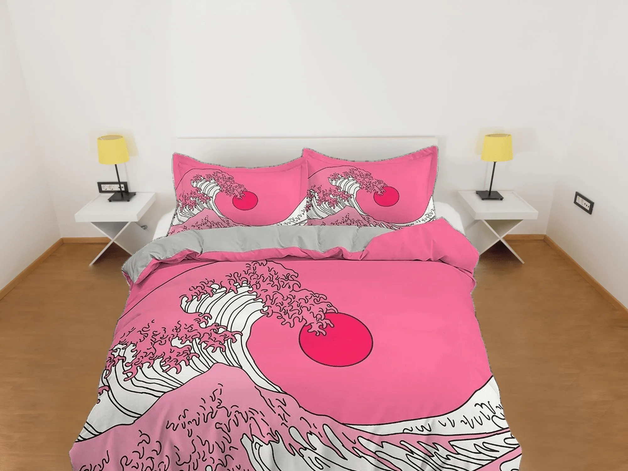 The Great Wave Bedding, Vaporwave Hippie Bedding, Japanese Duvet Cover Set, Aesthetic Pink Duvet Cover King Queen Full Twin Double Single