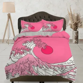 The Great Wave Bedding, Vaporwave Hippie Bedding, Japanese Duvet Cover Set, Aesthetic Pink Duvet Cover King Queen Full Twin Double Single