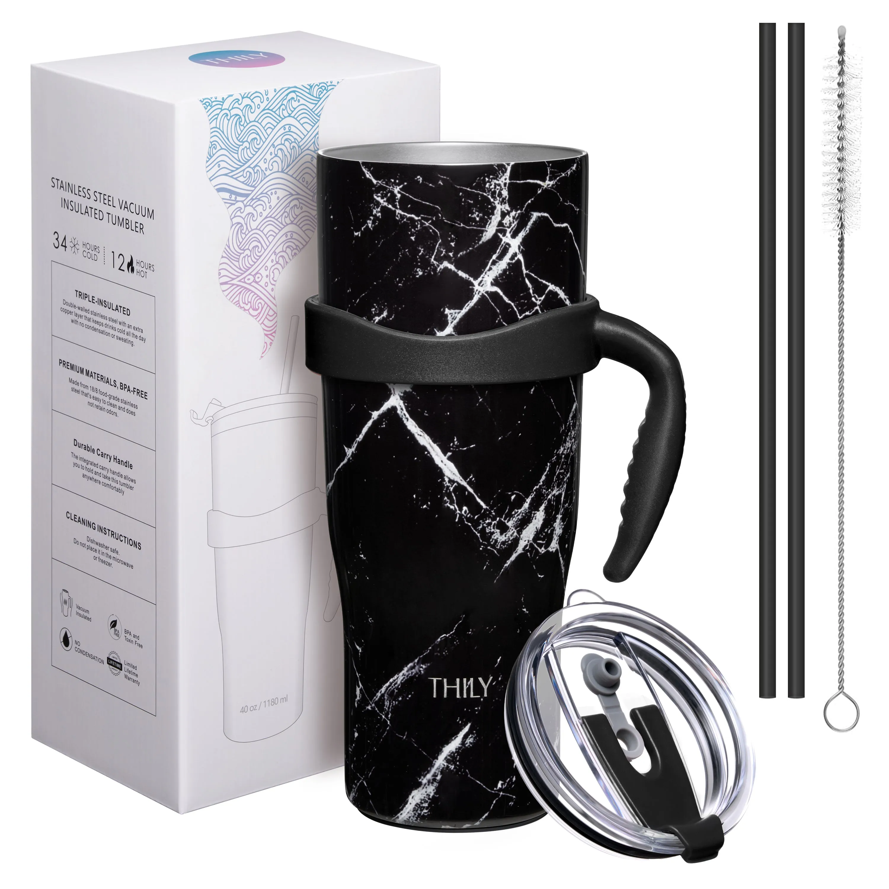 Travel Mug with Handle | 40 oz | Black Marble