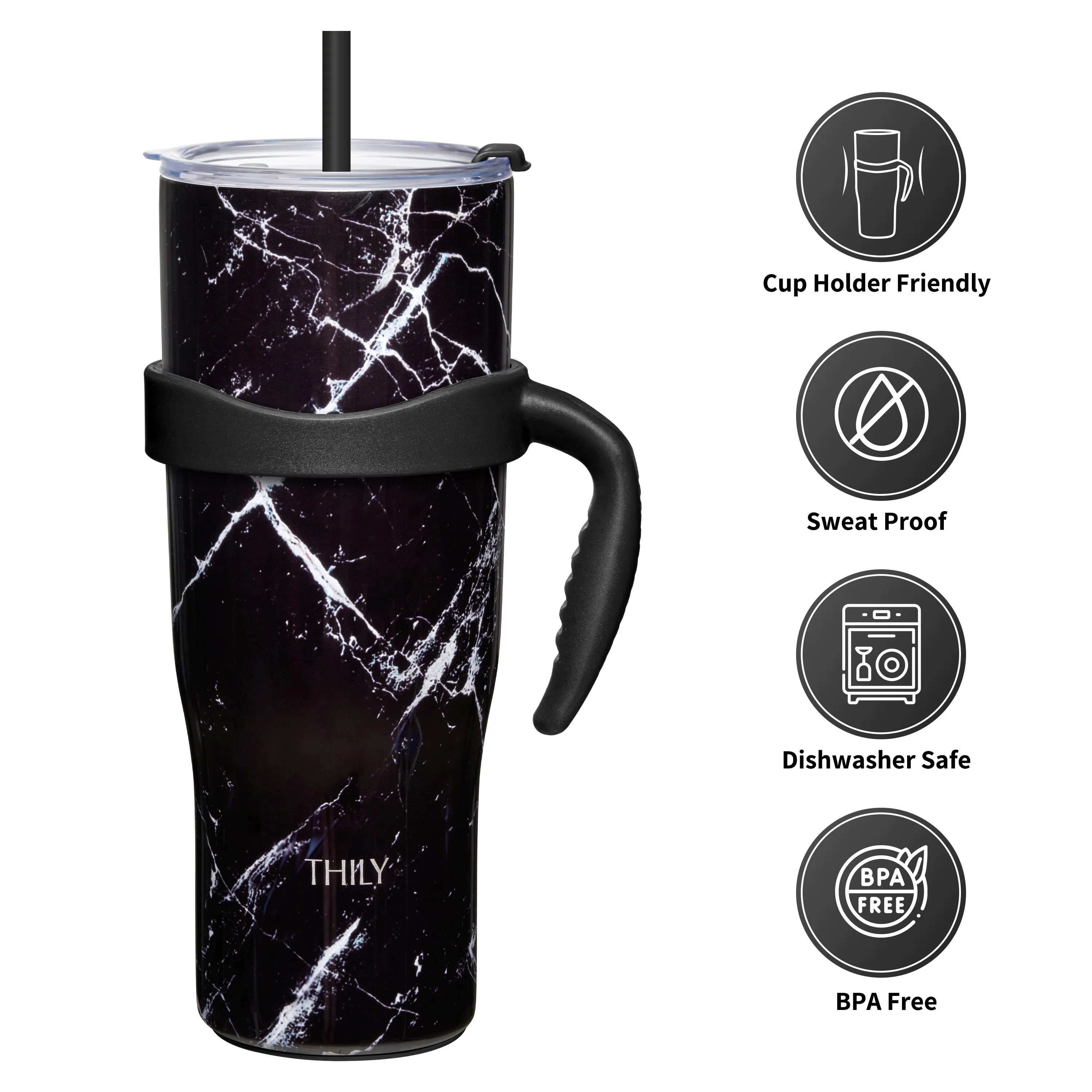 Travel Mug with Handle | 40 oz | Black Marble