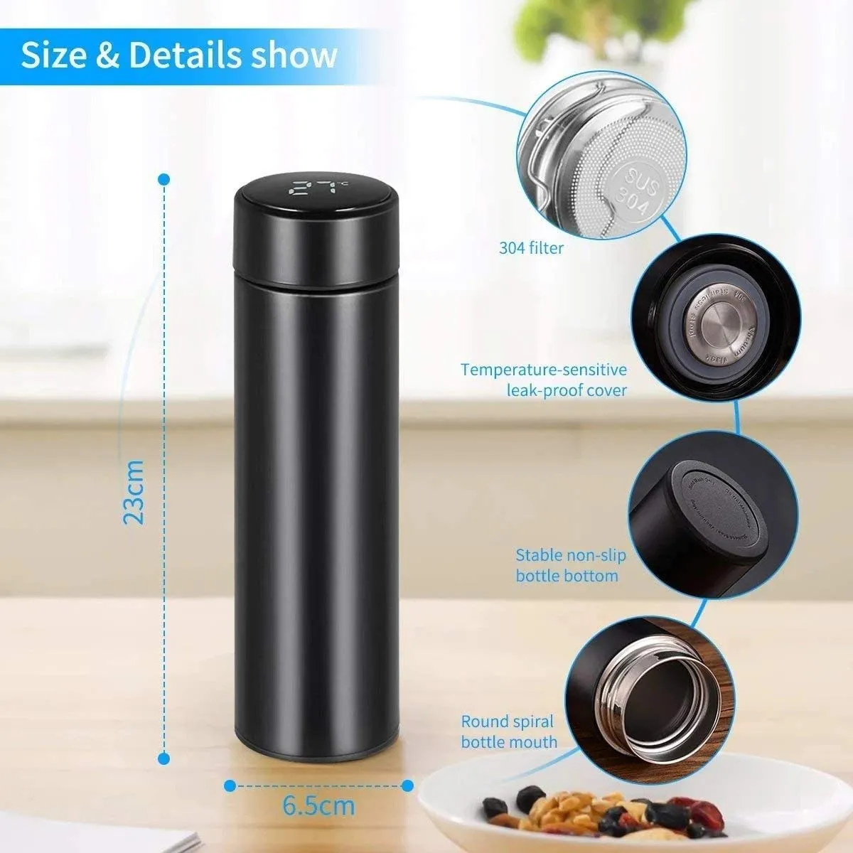 Vacuum Flask Water Bottle with LED Temperature Display, Double Walled Vacuum Insulated Stainless Steel Bottle, Sports Automotive Travel Mug, 12H, 17 Oz Cup (Black, 500 ml)