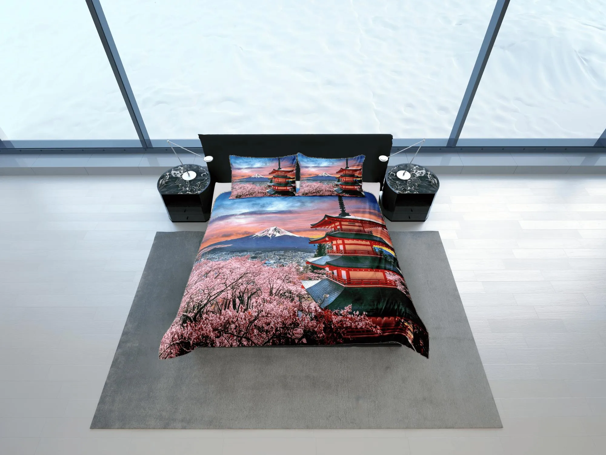 View of mt. fuji with red pagoda bedding, oriental bedding, japanese duvet cover set for king, queen, full, twin, single, toddler bed