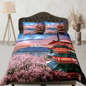 View of mt. fuji with red pagoda bedding, oriental bedding, japanese duvet cover set for king, queen, full, twin, single, toddler bed