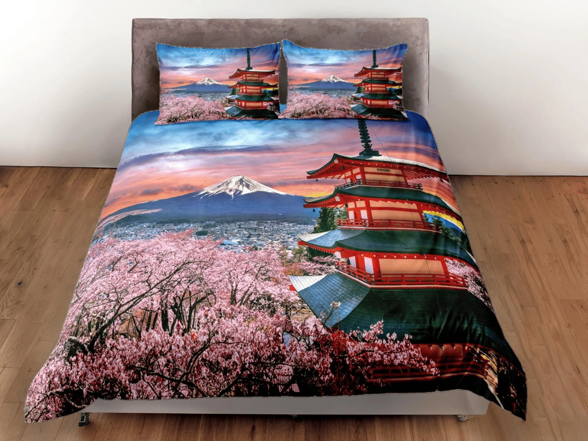 View of mt. fuji with red pagoda bedding, oriental bedding, japanese duvet cover set for king, queen, full, twin, single, toddler bed