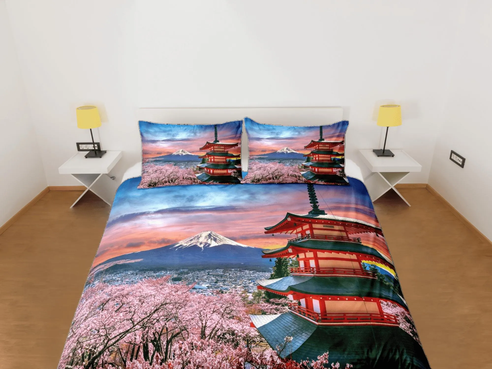 View of mt. fuji with red pagoda bedding, oriental bedding, japanese duvet cover set for king, queen, full, twin, single, toddler bed