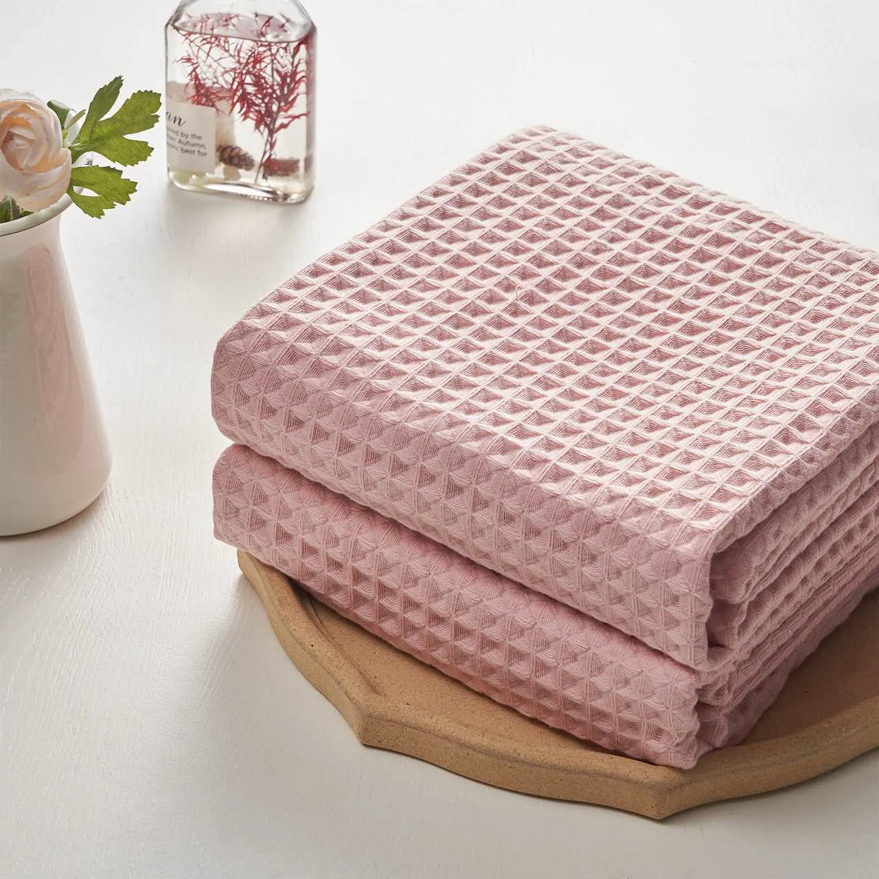 Waffle Bath Towels -Pink Color- Set of 2