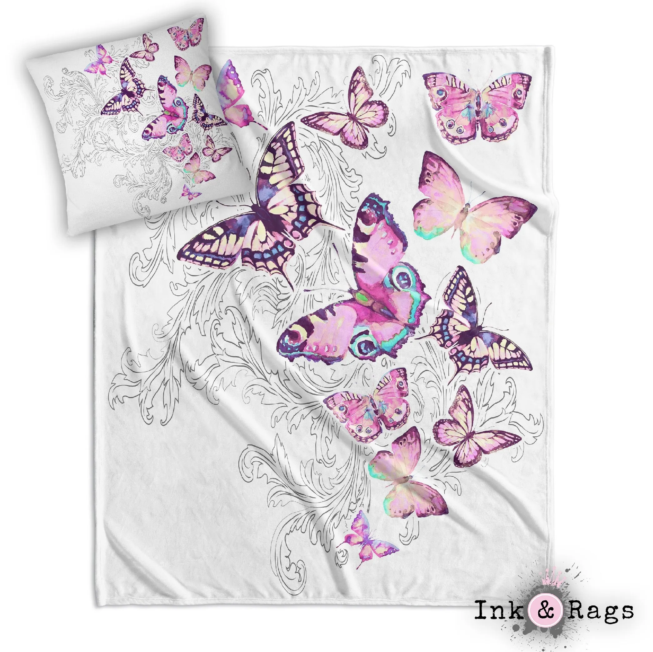 Watercolor Butterfly and Hand Drawn Leaf Decorative Throw and Pillow Cover Set