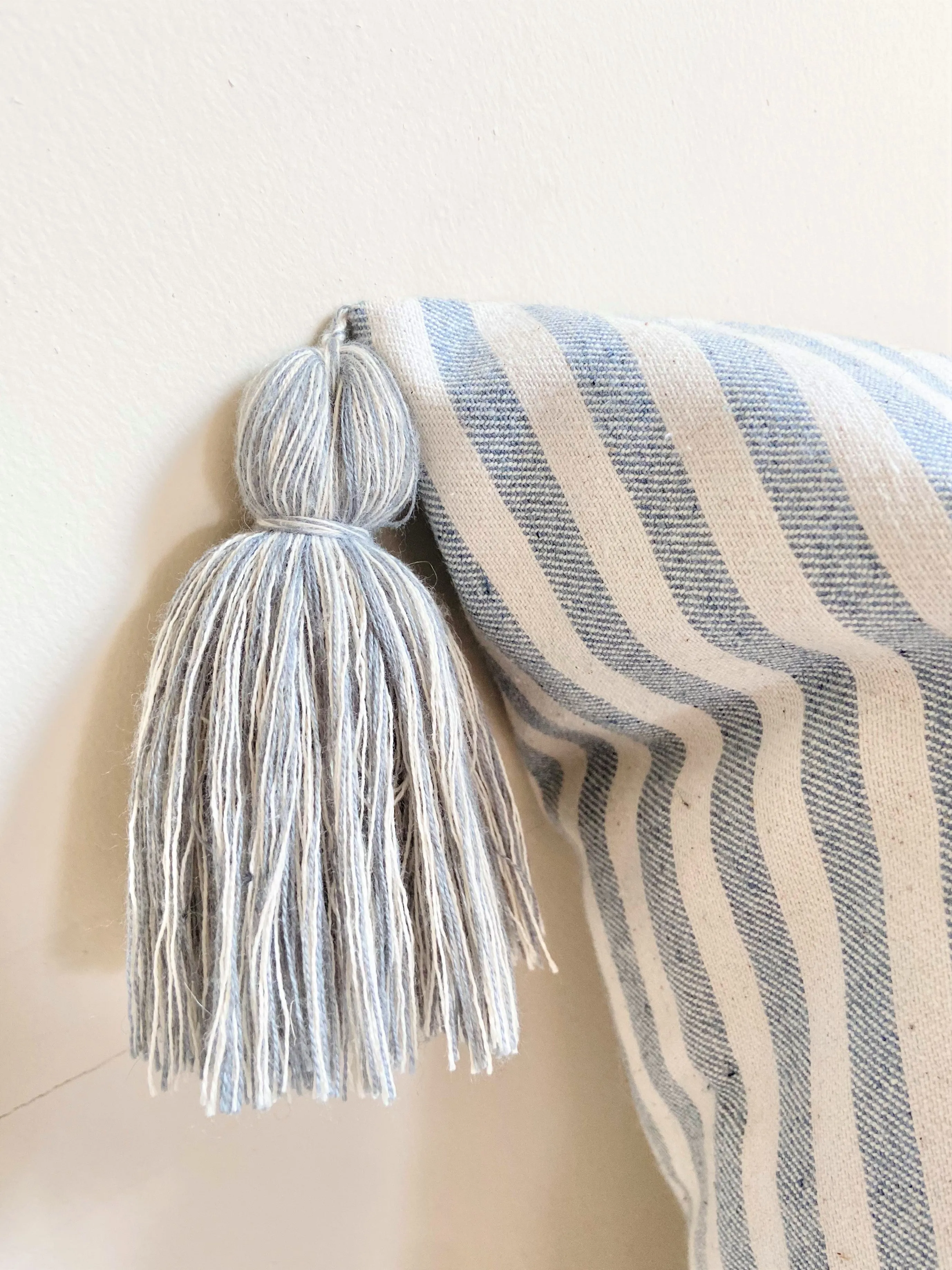 White and Blue Stripe Pillow with Tassels | COASTAL