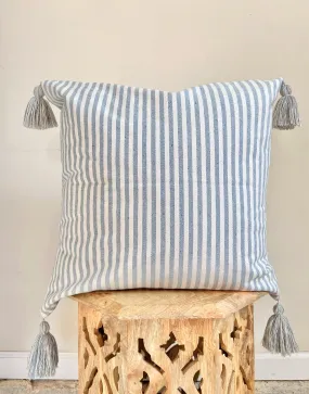 White and Blue Stripe Pillow with Tassels | COASTAL