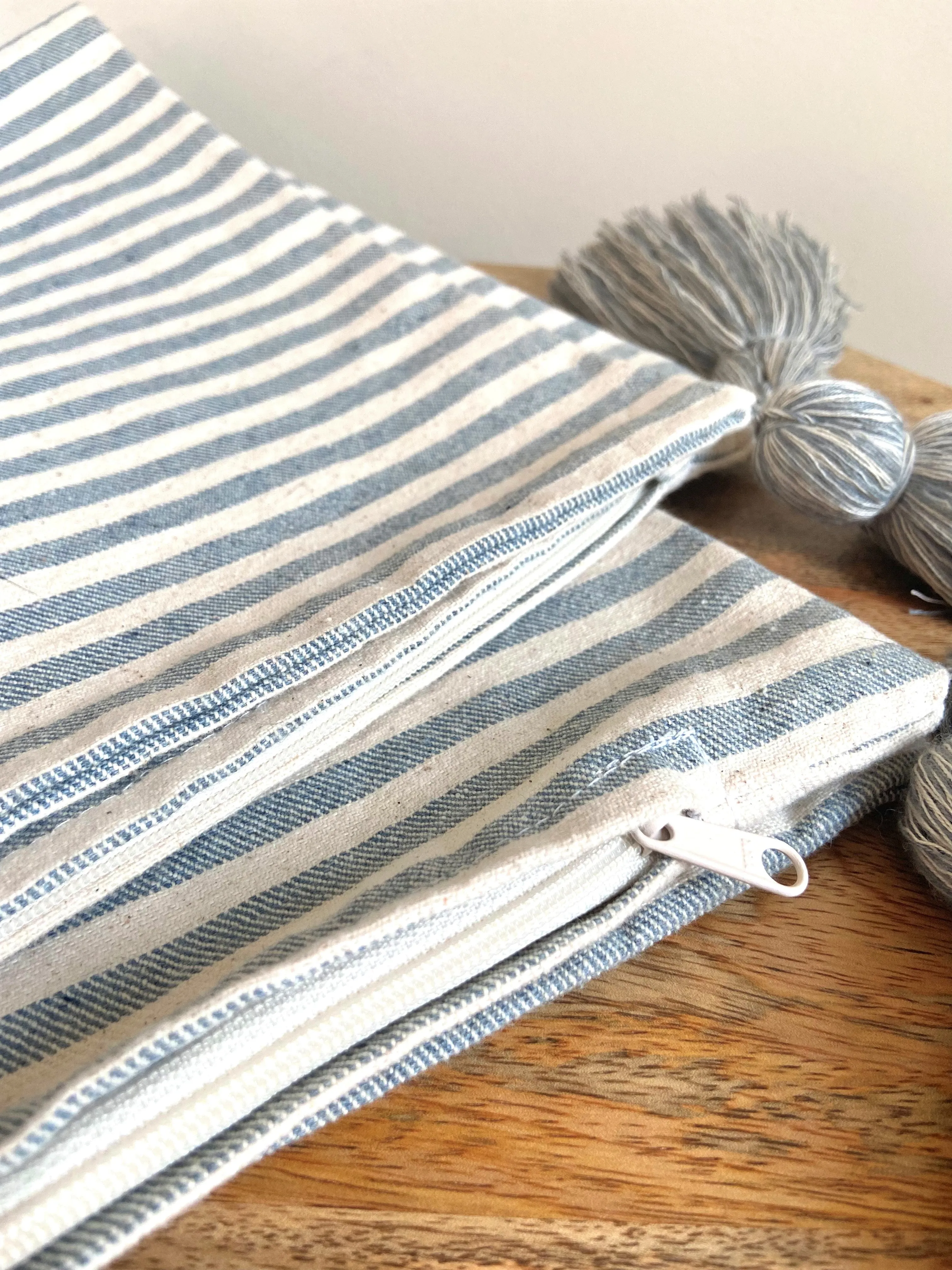 White and Blue Stripe Pillow with Tassels | COASTAL