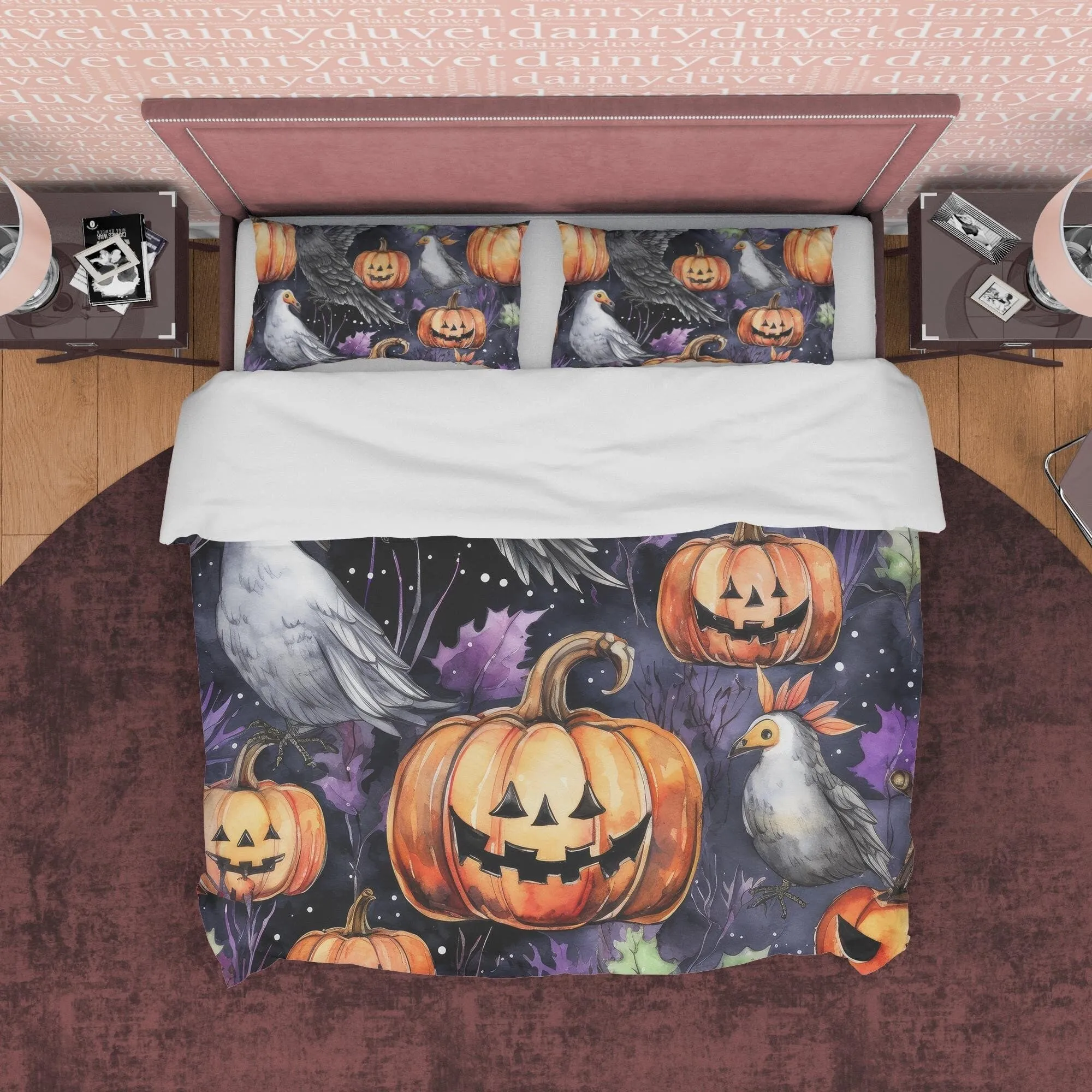 White Bird & Pumpkin Duvet Cover Set, Spooky Bedding, Retro Aesthetic Halloween Room Decor, Farmhouse Quilt Cover, Autumn Bedspread