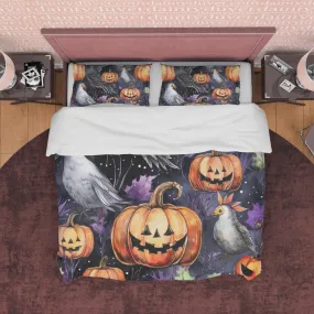 White Bird & Pumpkin Duvet Cover Set, Spooky Bedding, Retro Aesthetic Halloween Room Decor, Farmhouse Quilt Cover, Autumn Bedspread