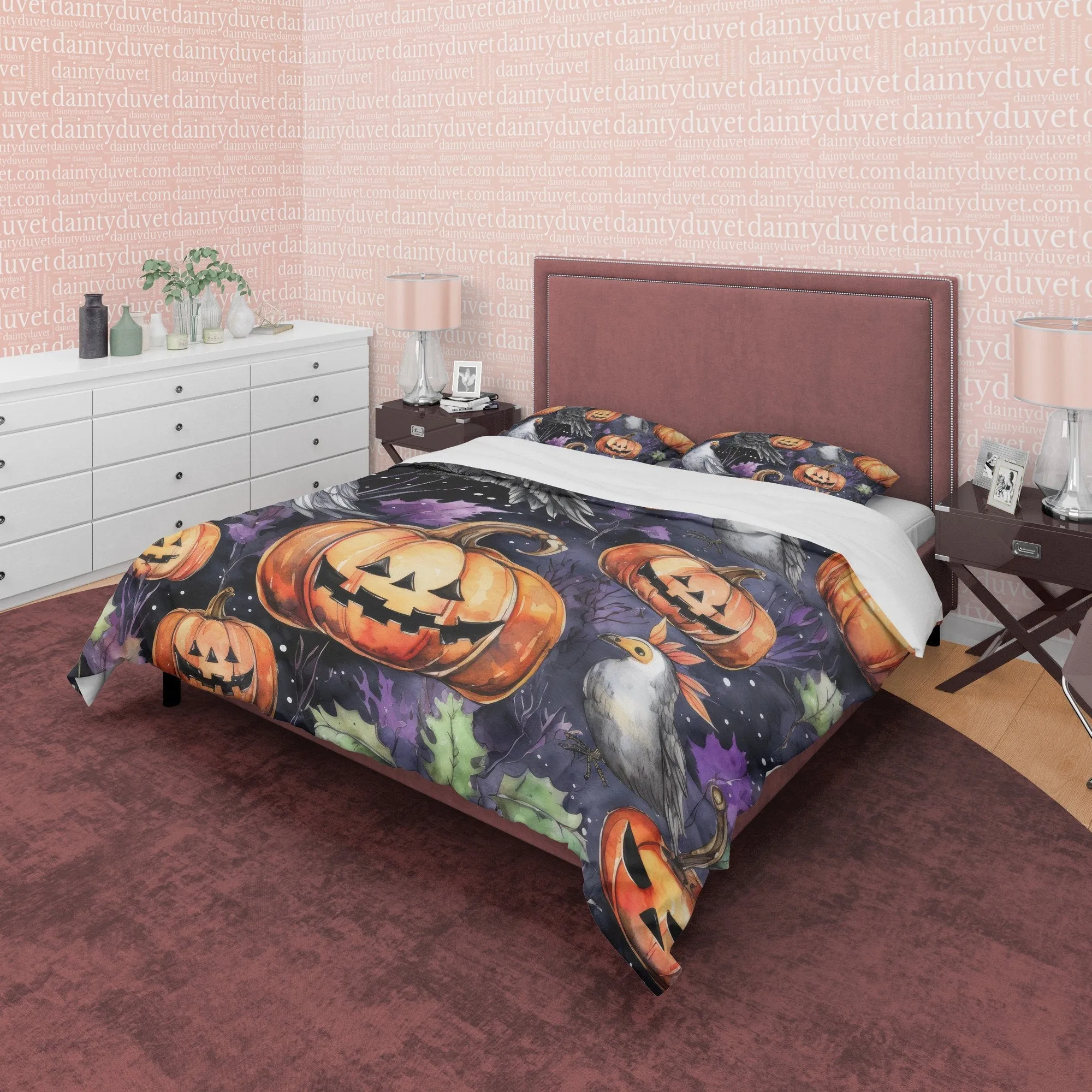 White Bird & Pumpkin Duvet Cover Set, Spooky Bedding, Retro Aesthetic Halloween Room Decor, Farmhouse Quilt Cover, Autumn Bedspread