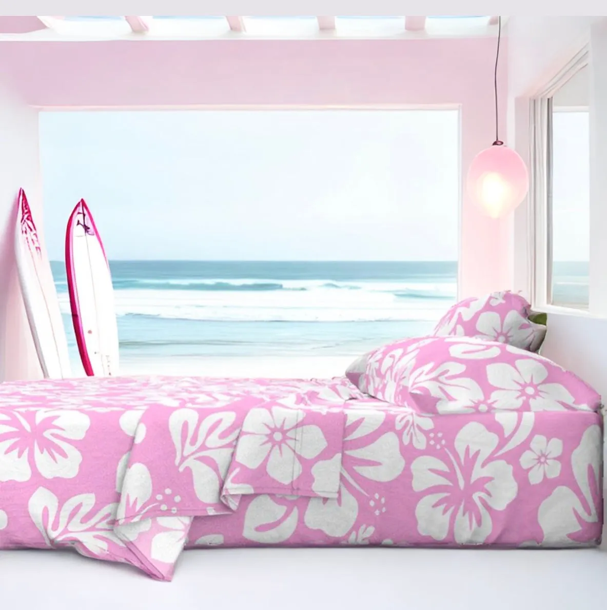 White Hawaiian Flowers on Soft Pink Sheet Set from Surfer Bedding™️ Medium Scale