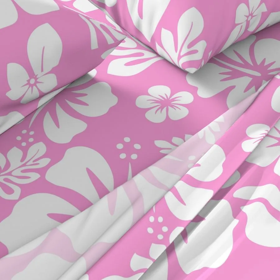 White Hawaiian Flowers on Soft Pink Sheet Set from Surfer Bedding™️ Medium Scale