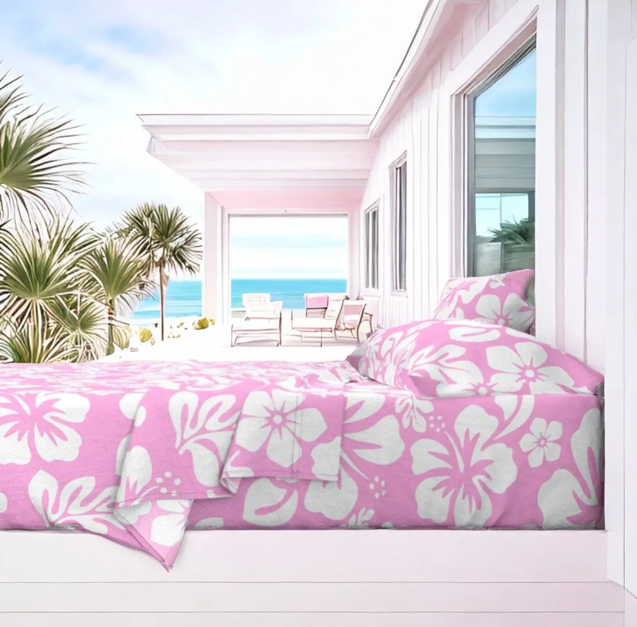 White Hawaiian Flowers on Soft Pink Sheet Set from Surfer Bedding™️ Medium Scale