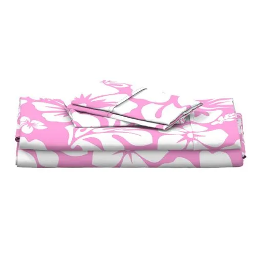 White Hawaiian Flowers on Soft Pink Sheet Set from Surfer Bedding™️ Medium Scale