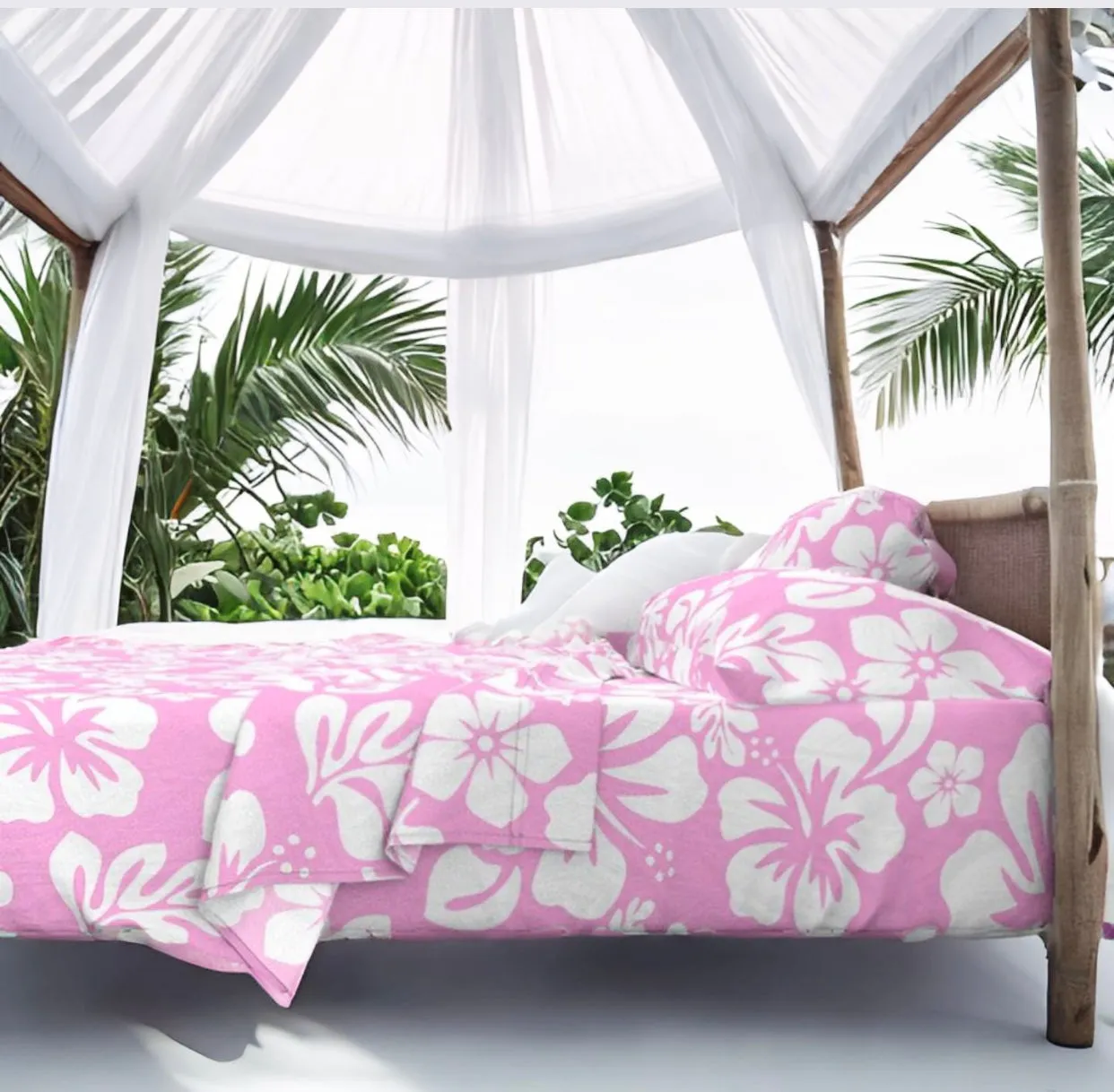 White Hawaiian Flowers on Soft Pink Sheet Set from Surfer Bedding™️ Medium Scale