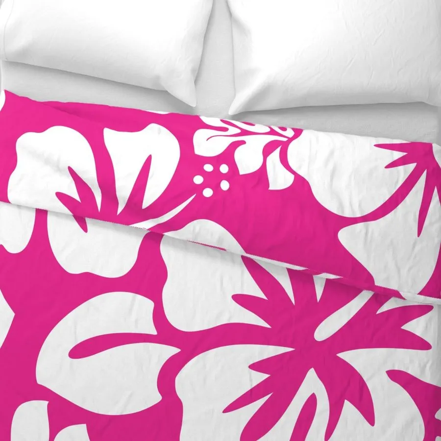 White Hibiscus and Hawaiian Flowers on Surfer Girl Pink Duvet Cover -Large Scale