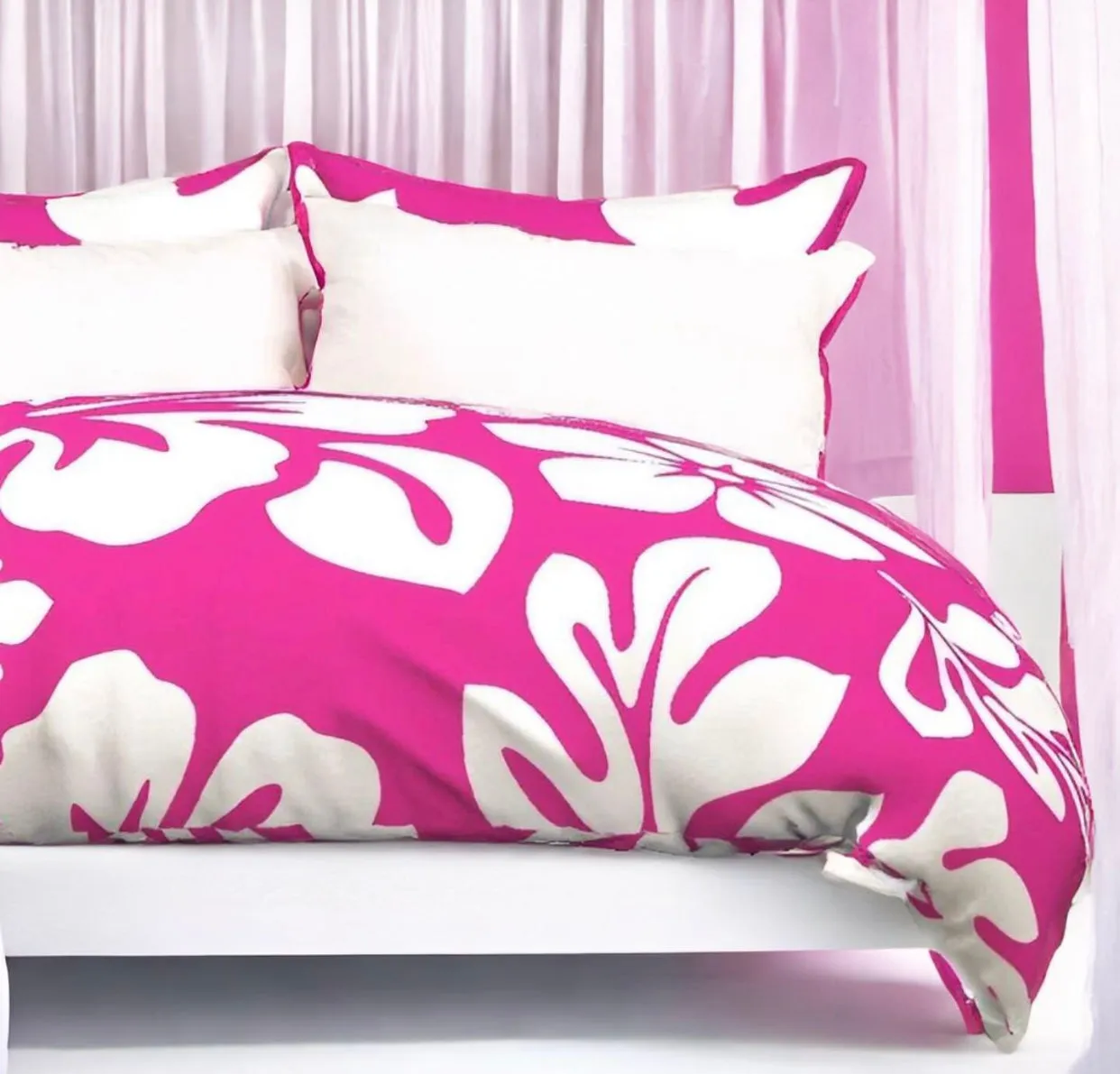 White Hibiscus and Hawaiian Flowers on Surfer Girl Pink Duvet Cover -Large Scale