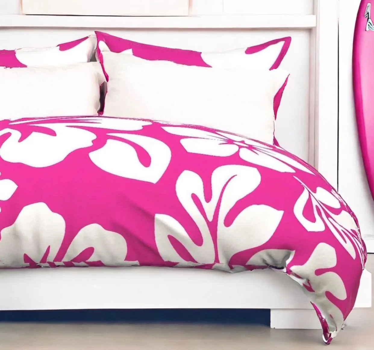 White Hibiscus and Hawaiian Flowers on Surfer Girl Pink Duvet Cover -Large Scale