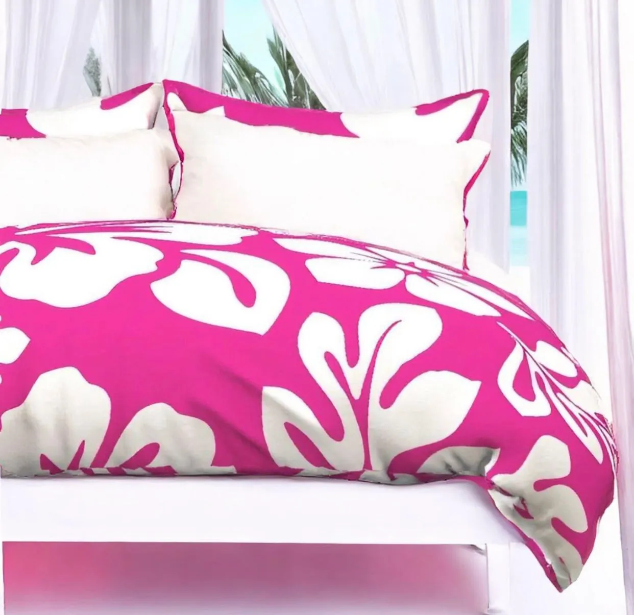 White Hibiscus and Hawaiian Flowers on Surfer Girl Pink Duvet Cover -Large Scale